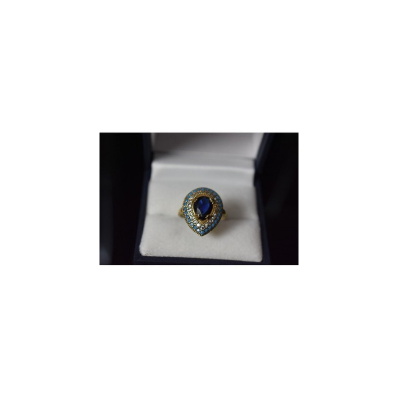 925 Sterling Silver Gold Plated Blue Alpanite, Turquoise & CZ Ring Size 8