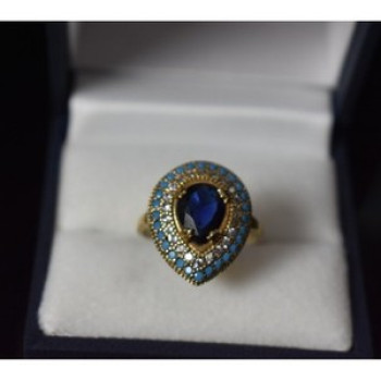 925 Sterling Silver Gold Plated Blue Alpanite, Turquoise & CZ Ring Size 8