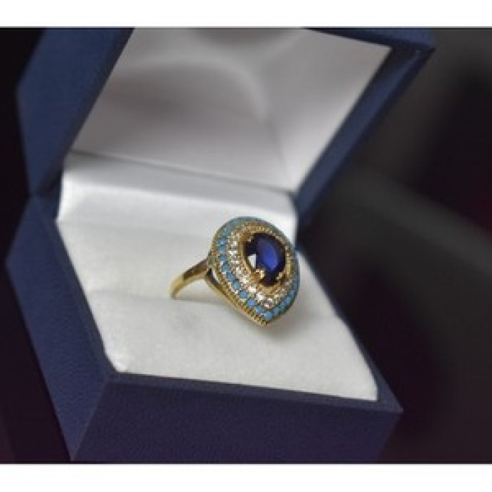 925 Sterling Silver Gold Plated Blue Alpanite, Turquoise & CZ Ring Size 8