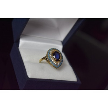 925 Sterling Silver Gold Plated Blue Alpanite, Turquoise & CZ Ring Size 8