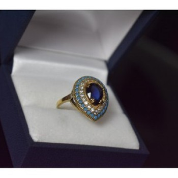 925 Sterling Silver Gold Plated Blue Alpanite, Turquoise & CZ Ring Size 8