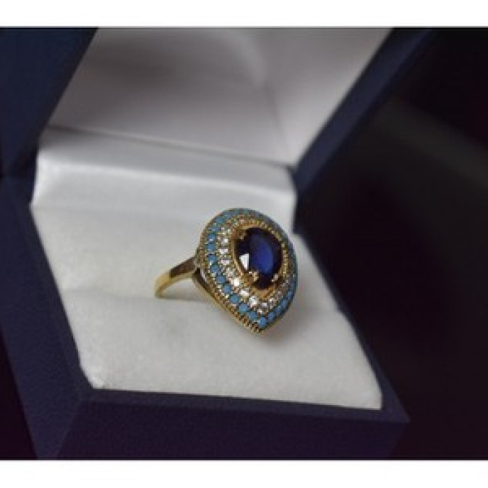 925 Sterling Silver Gold Plated Blue Alpanite, Turquoise & CZ Ring Size 8