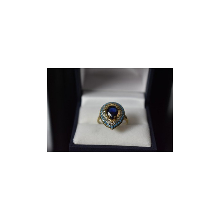 925 Sterling Silver Gold Plated Blue Alpanite, Turquoise & CZ Ring Size 8