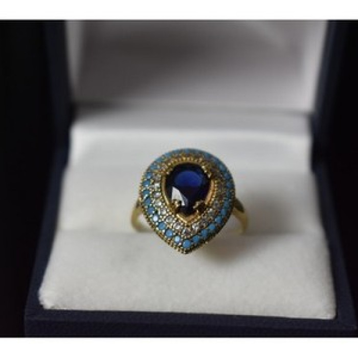 925 Sterling Silver Gold Plated Blue Alpanite, Turquoise & CZ Ring Size 8