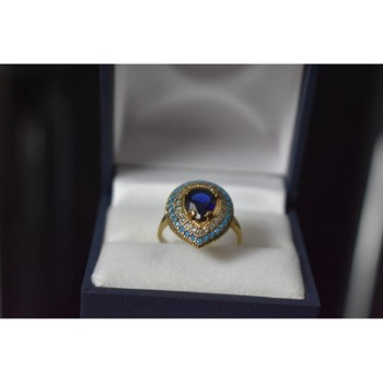 925 Sterling Silver Gold Plated Blue Alpanite, Turquoise & CZ Ring Size 8