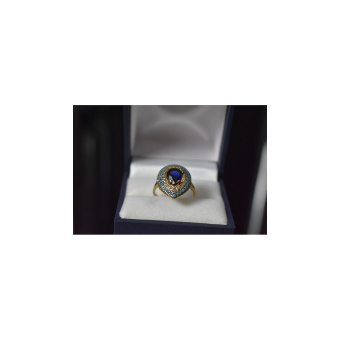 925 Sterling Silver Gold Plated Blue Alpanite, Turquoise & CZ Ring Size 8