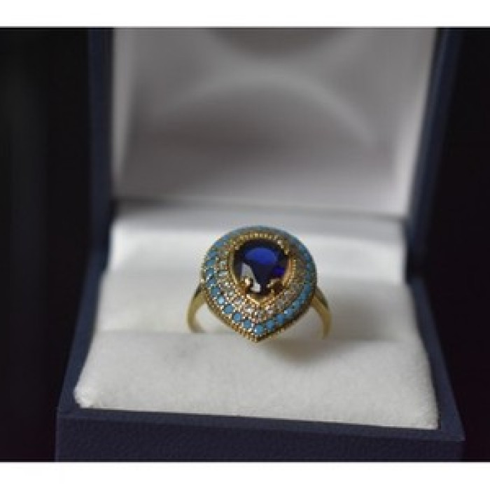 925 Sterling Silver Gold Plated Blue Alpanite, Turquoise & CZ Ring Size 8