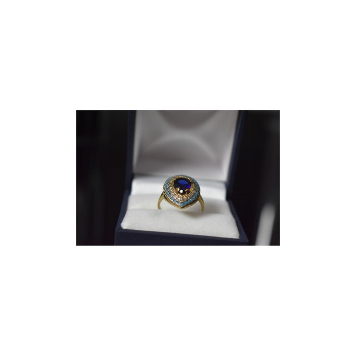 925 Sterling Silver Gold Plated Blue Alpanite, Turquoise & CZ Ring Size 8
