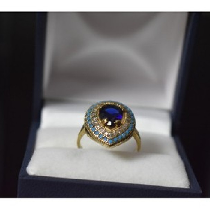 925 Sterling Silver Gold Plated Blue Alpanite, Turquoise & CZ Ring Size 8