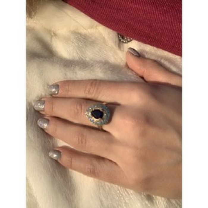 925 Sterling Silver Gold Plated Blue Alpanite, Turquoise & CZ Ring Size 8