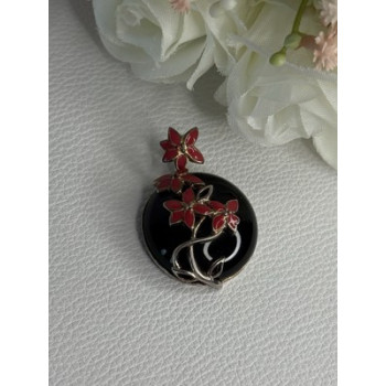 925 Sterling Silver Black Onyx & Red Enamel Flowers Pendant Length 1.40 Inch