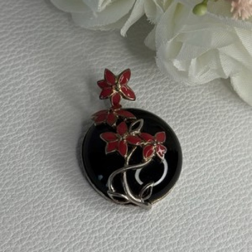 925 Sterling Silver Black Onyx & Red Enamel Flowers Pendant Length 1.40 Inch