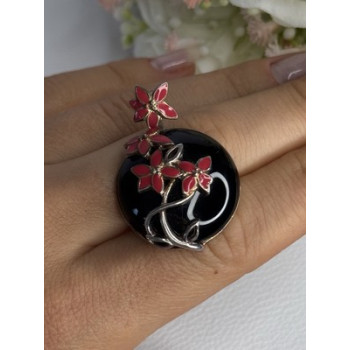 925 Sterling Silver Black Onyx & Red Enamel Flowers Pendant Length 1.40 Inch