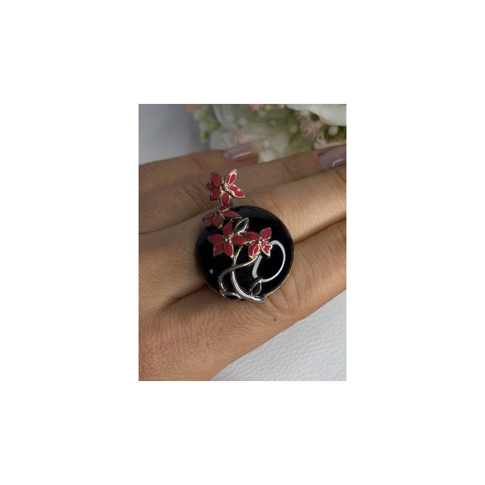 925 Sterling Silver Black Onyx & Red Enamel Flowers Pendant Length 1.40 Inch