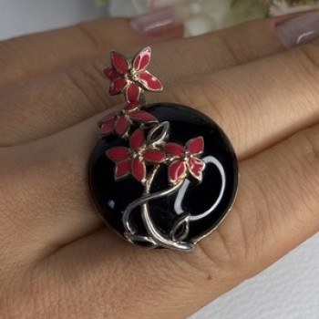 925 Sterling Silver Black Onyx & Red Enamel Flowers Pendant Length 1.40 Inch