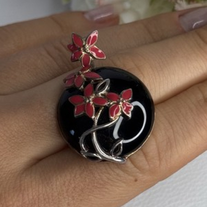 925 Sterling Silver Black Onyx & Red Enamel Flowers Pendant Length 1.40 Inch