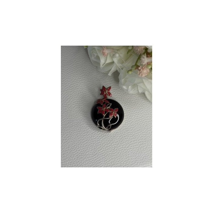 925 Sterling Silver Black Onyx & Red Enamel Flowers Pendant Length 1.40 Inch