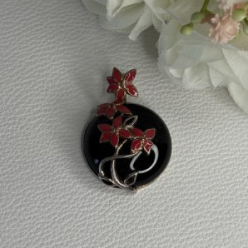 925 Sterling Silver Black Onyx & Red Enamel Flowers Pendant Length 1.40 Inch