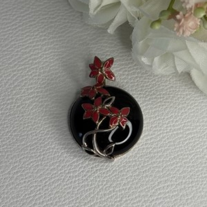 925 Sterling Silver Black Onyx & Red Enamel Flowers Pendant Length 1.40 Inch