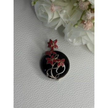 925 Sterling Silver Black Onyx & Red Enamel Flowers Pendant Length 1.40 Inch