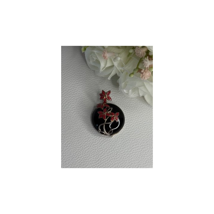 925 Sterling Silver Black Onyx & Red Enamel Flowers Pendant Length 1.40 Inch