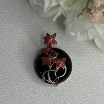 925 Sterling Silver Black Onyx & Red Enamel Flowers Pendant Length 1.40 Inch