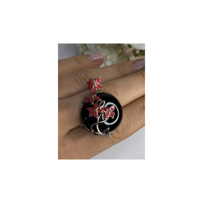 925 Sterling Silver Black Onyx & Red Enamel Flowers Pendant Length 1.40 Inch