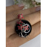 925 Sterling Silver Black Onyx & Red Enamel Flowers Pendant Length 1.40 Inch