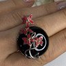 925 Sterling Silver Black Onyx & Red Enamel Flowers Pendant Length 1.40 Inch