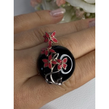 925 Sterling Silver Black Onyx & Red Enamel Flowers Pendant Length 1.40 Inch