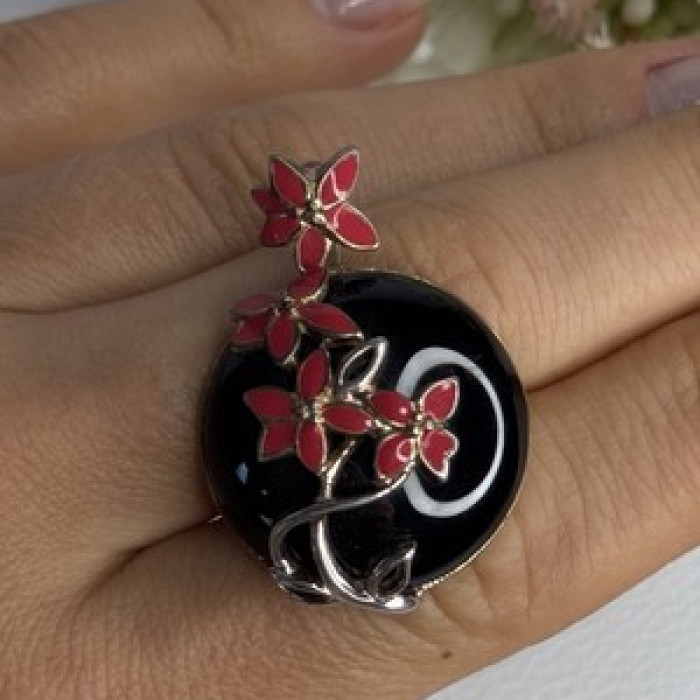 925 Sterling Silver Black Onyx & Red Enamel Flowers Pendant Length 1.40 Inch