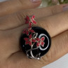 925 Sterling Silver Black Onyx & Red Enamel Flowers Pendant Length 1.40 Inch