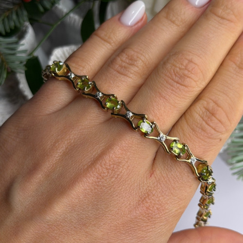 925 Sterling Silver Gold Plated Peridot & Beryl Bracelet Size 7.5