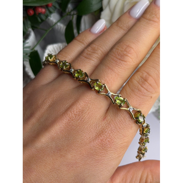 925 Sterling Silver Gold Plated Peridot & Beryl Bracelet Size 7.5