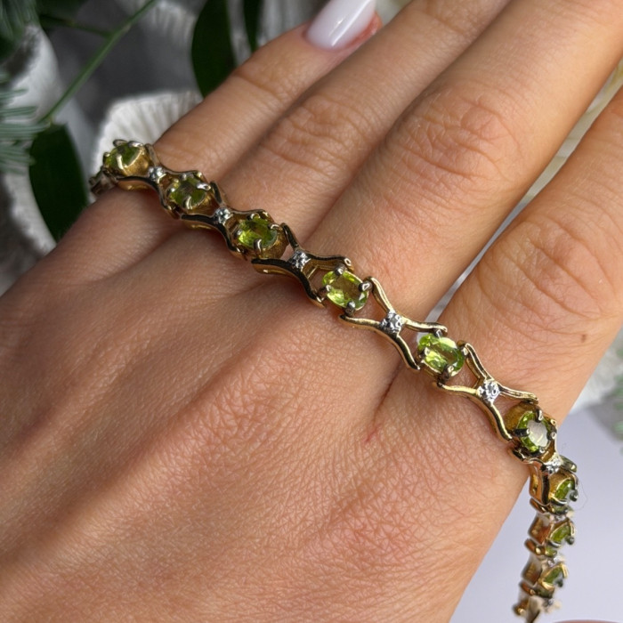 925 Sterling Silver Gold Plated Peridot & Beryl Bracelet Size 7.5