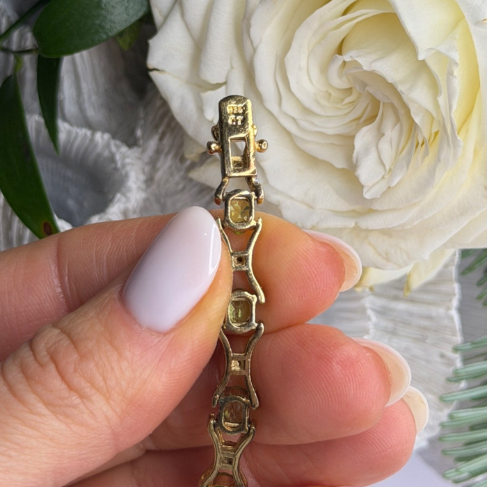 925 Sterling Silver Gold Plated Peridot & Beryl Bracelet Size 7.5