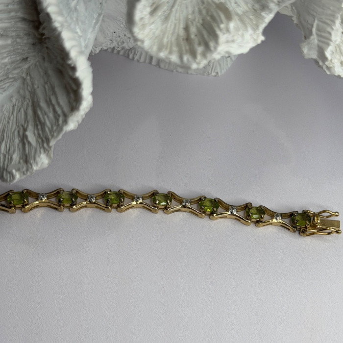 925 Sterling Silver Gold Plated Peridot & Beryl Bracelet Size 7.5