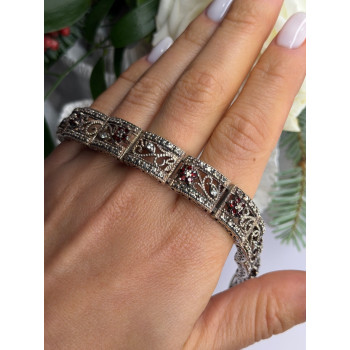 925 Sterling Silver Garnet & Beryl Flowers Bracelet Size 7