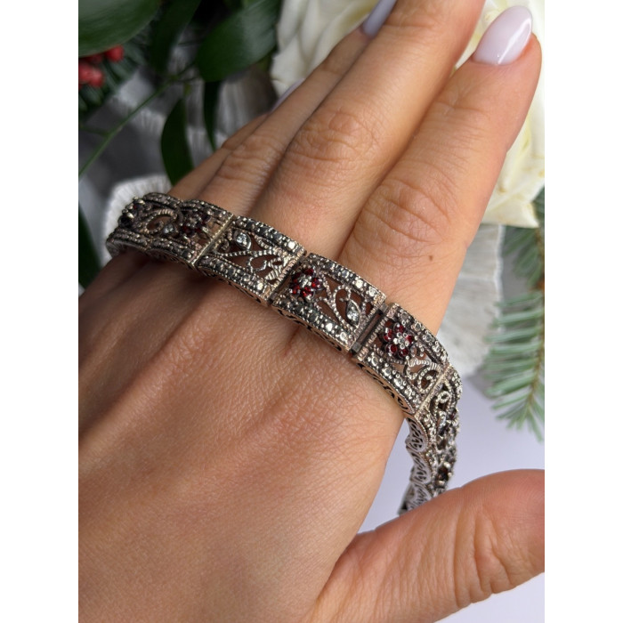 925 Sterling Silver Garnet & Beryl Flowers Bracelet Size 7