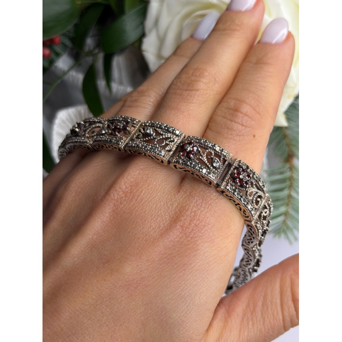 925 Sterling Silver Garnet & Beryl Flowers Bracelet Size 7