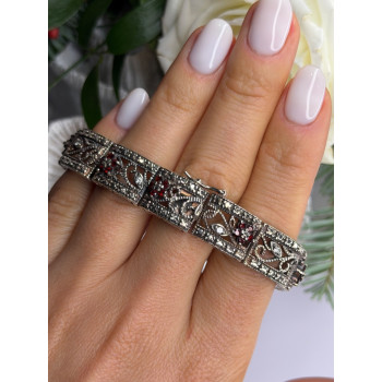 925 Sterling Silver Garnet & Beryl Flowers Bracelet Size 7