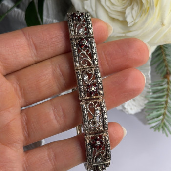 925 Sterling Silver Garnet & Beryl Flowers Bracelet Size 7