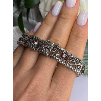 925 Sterling Silver Garnet & Beryl Flowers Bracelet Size 7