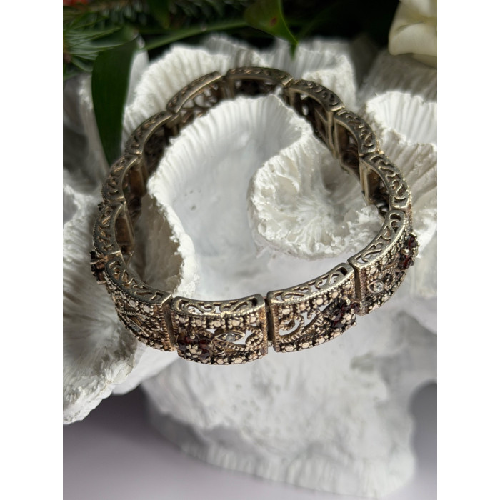 925 Sterling Silver Garnet & Beryl Flowers Bracelet Size 7