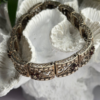 925 Sterling Silver Garnet & Beryl Flowers Bracelet Size 7