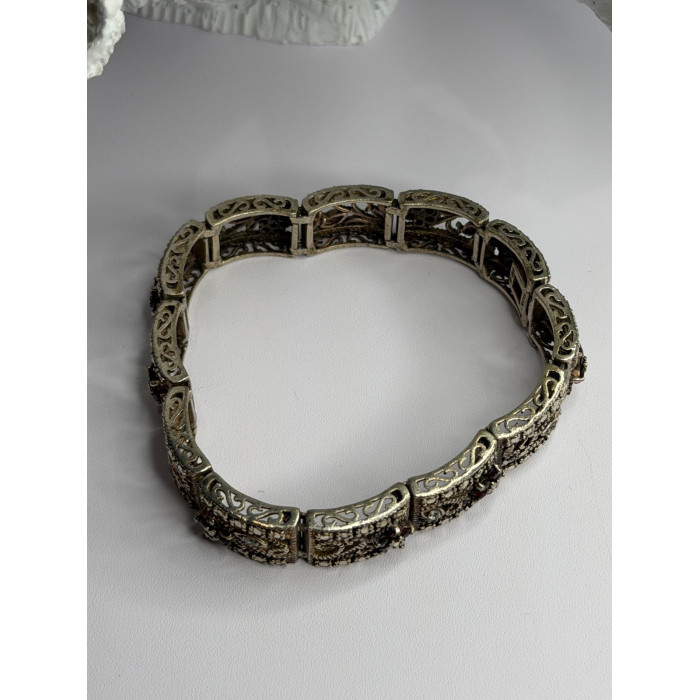 925 Sterling Silver Garnet & Beryl Flowers Bracelet Size 7