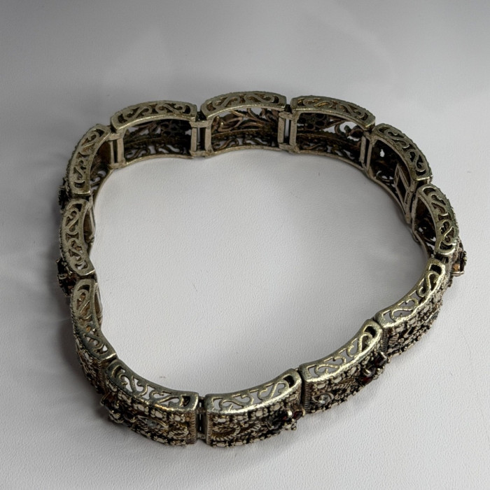 925 Sterling Silver Garnet & Beryl Flowers Bracelet Size 7