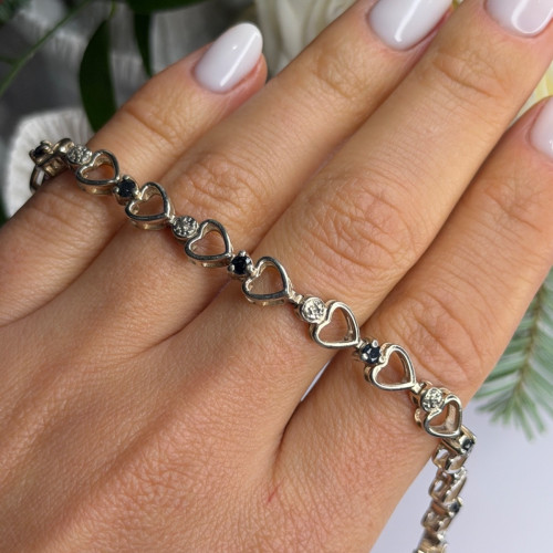 925 Sterling Silver Sapphire Heart Bracelet Size 7.5