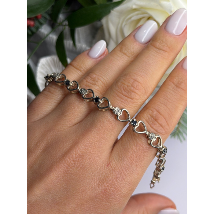 925 Sterling Silver Sapphire Heart Bracelet Size 7.5