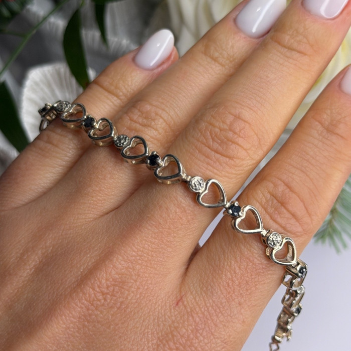925 Sterling Silver Sapphire Heart Bracelet Size 7.5